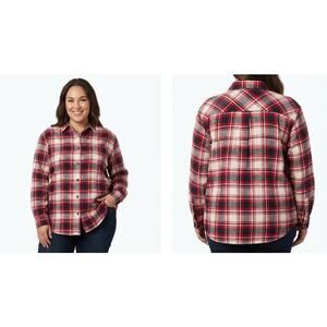 dip Flannel Shirt Women's 2X Red Plaid Organic Cotton Button Up Long Sleeve